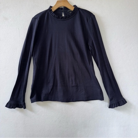 Ann Taylor Navy Blue High Ruffle Neck and Cuff Long Sleeve Tee Large - Picture 1 of 6